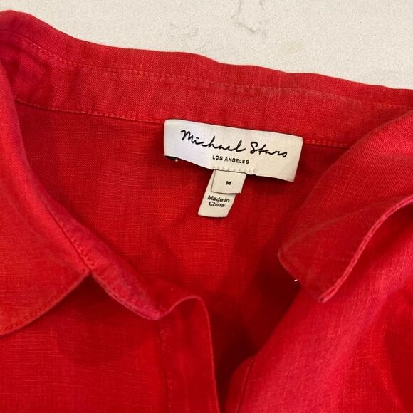 Michael Stars 100% Linen Charlie Button Down Short Sleeve Shirt Cherry Red Med - Picture 7 of 8